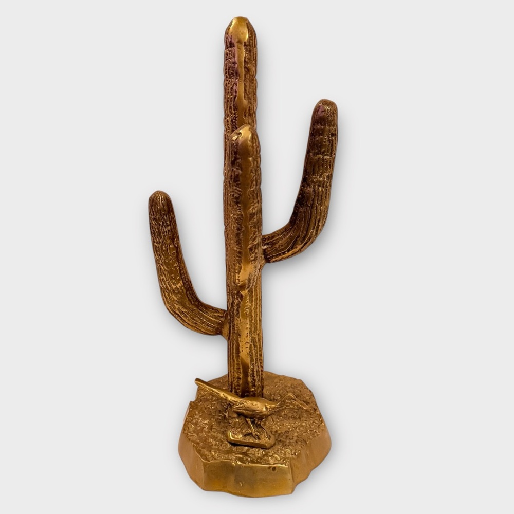 Vintage Brass Saguaro Cactus Roadrunner Sculpture 14 1/2” Tall VGC